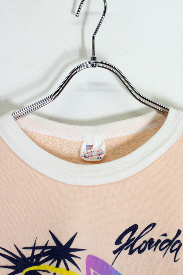 MADE IN USA 80'S S/S PILE FLORIDA PRINT RINGER T-SHIRT / PINK / WHITE [SIZE: XL USED]