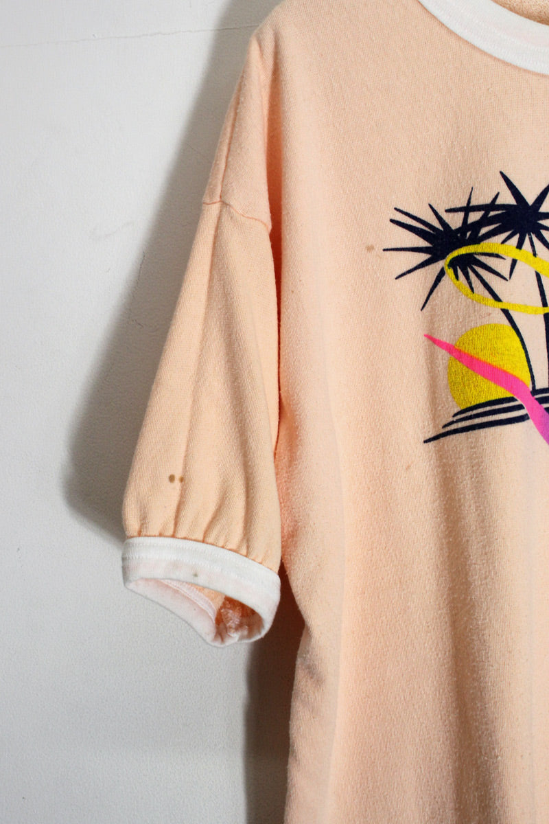 MADE IN USA 80'S S/S PILE FLORIDA PRINT RINGER T-SHIRT / PINK / WHITE [SIZE: XL USED]