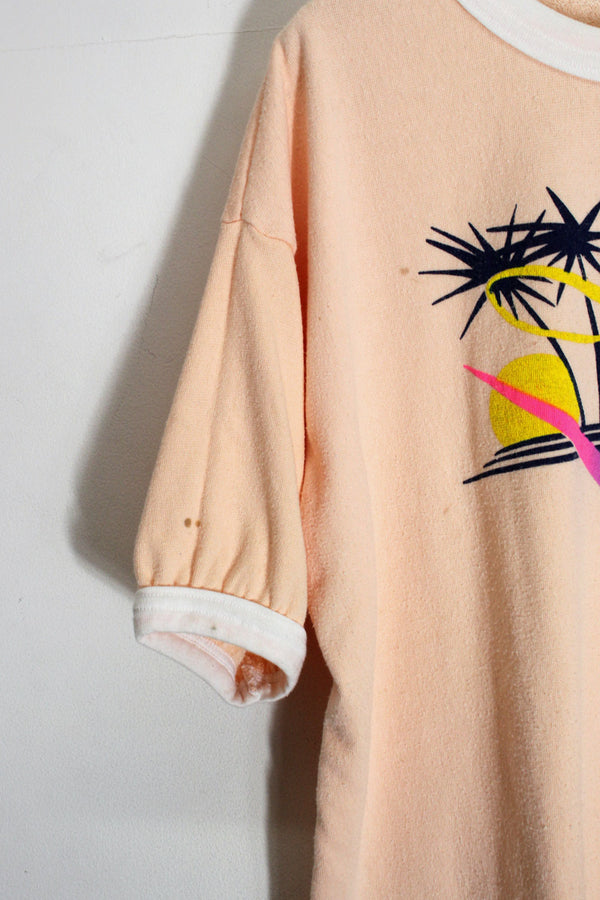 MADE IN USA 80'S S/S PILE FLORIDA PRINT RINGER T-SHIRT / PINK / WHITE [SIZE: XL USED]