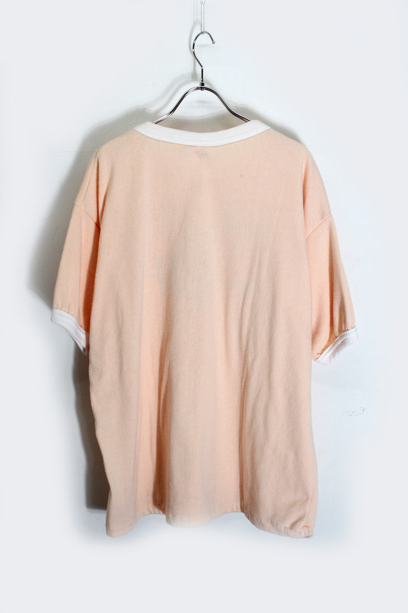 MADE IN USA 80'S S/S PILE FLORIDA PRINT RINGER T-SHIRT / PINK / WHITE [SIZE: XL USED]