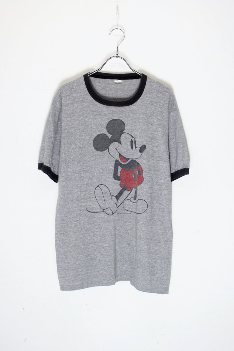 90'S S/S MICKEY PRINT CHARACTER RINGER T-SHIRT / GREY / BLACK [SIZE: XL USED]