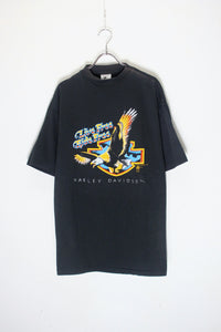 MADE IN USA 87'S S/S HARLEY DAVIDSON LIVE FREE RIDE FREE PRINT MOTOR CYCLE T-SHIRT / BLACK [SIZE: XL USED]