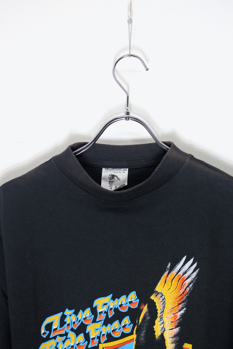 MADE IN USA 87'S S/S HARLEY DAVIDSON LIVE FREE RIDE FREE PRINT MOTOR CYCLE T-SHIRT / BLACK [SIZE: XL USED]