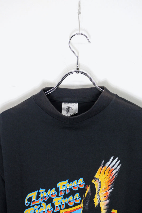 MADE IN USA 87'S S/S HARLEY DAVIDSON LIVE FREE RIDE FREE PRINT MOTOR CYCLE T-SHIRT / BLACK [SIZE: XL USED]