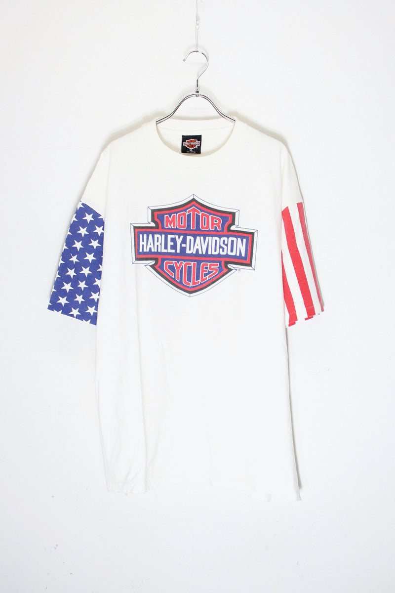 MADE IN USA 90'S S/S SCHAEFFER'S BACK PRINT AMERICAN FLAG SLEEVE MOTORCYCLE T-SHIRT / WHITE [SIZE: XL USED]