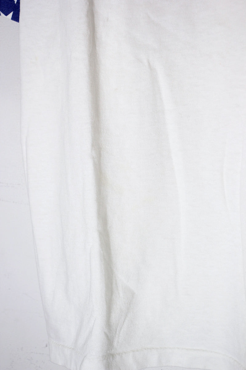 MADE IN USA 90'S S/S SCHAEFFER'S BACK PRINT AMERICAN FLAG SLEEVE MOTORCYCLE T-SHIRT / WHITE [SIZE: XL USED]