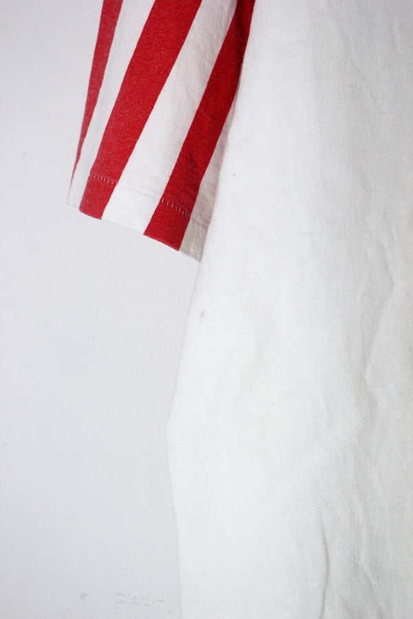 MADE IN USA 90'S S/S SCHAEFFER'S BACK PRINT AMERICAN FLAG SLEEVE MOTORCYCLE T-SHIRT / WHITE [SIZE: XL USED]