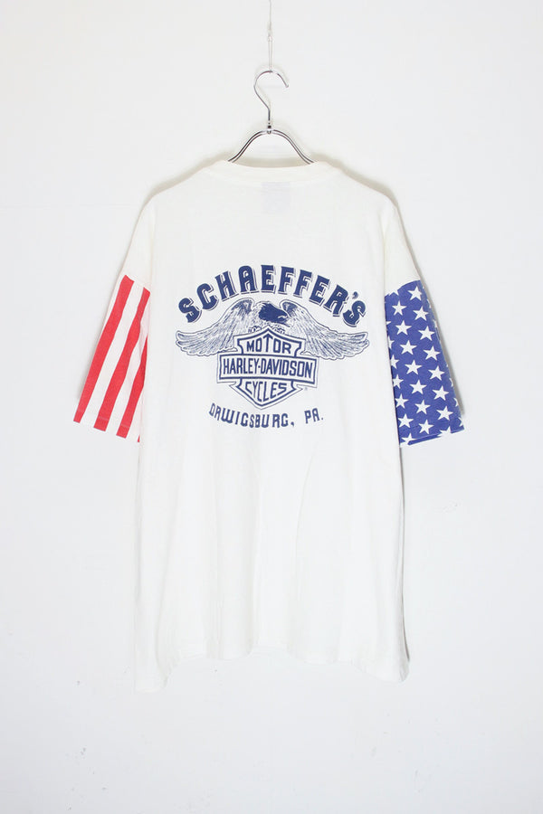 MADE IN USA 90'S S/S SCHAEFFER'S BACK PRINT AMERICAN FLAG SLEEVE MOTORCYCLE T-SHIRT / WHITE [SIZE: XL USED]