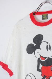 MADE IN USA 70'S S/S MICKEY PRINT CHARACTER RINGER T-SHIRT / WHITE / RED [SIZE: XL USED]