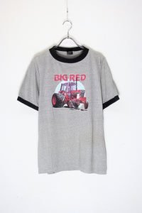 MADE IN USA 80'S S/S BIG RED PRINT RINGER T-SHIRT / GREY / BLACK [SIZE: L USED]