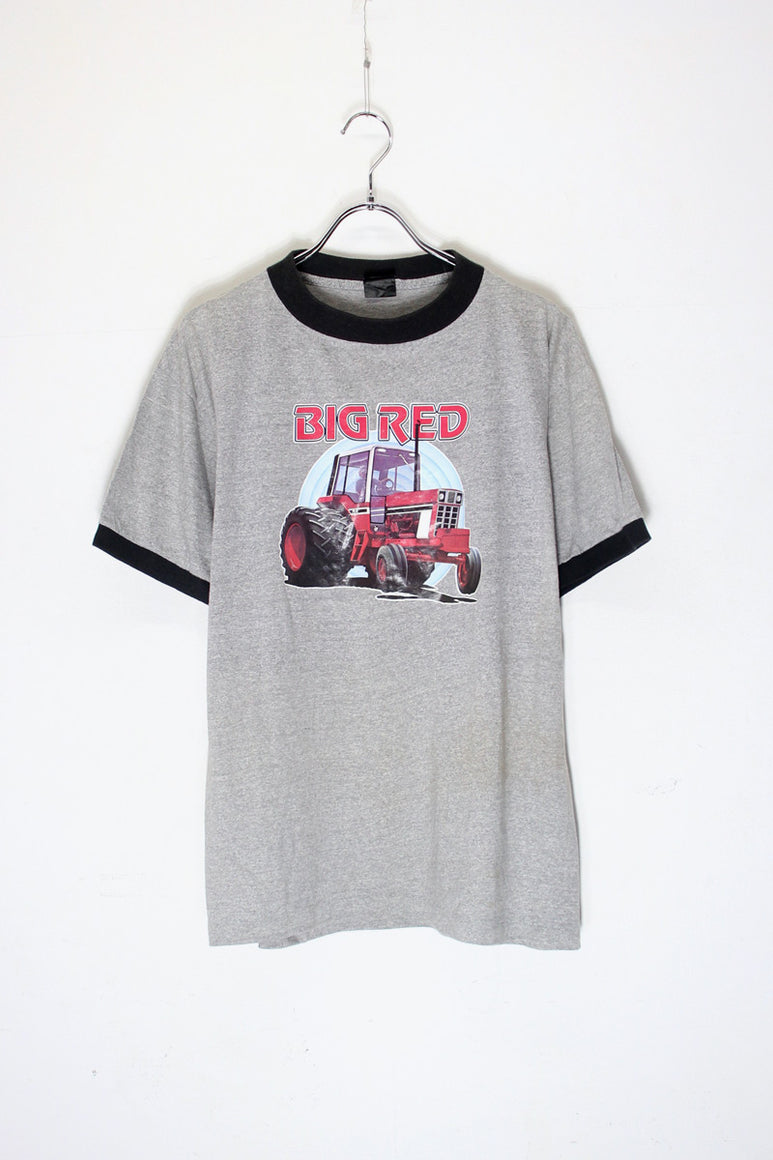 MADE IN USA 80'S S/S BIG RED PRINT RINGER T-SHIRT / GREY / BLACK [SIZE: L USED]