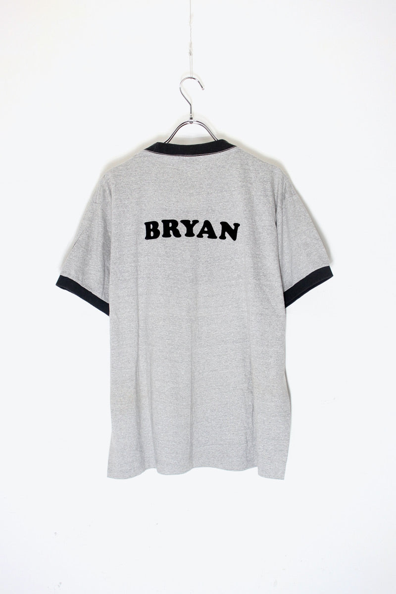 MADE IN USA 80'S S/S BIG RED PRINT RINGER T-SHIRT / GREY / BLACK [SIZE: L USED]