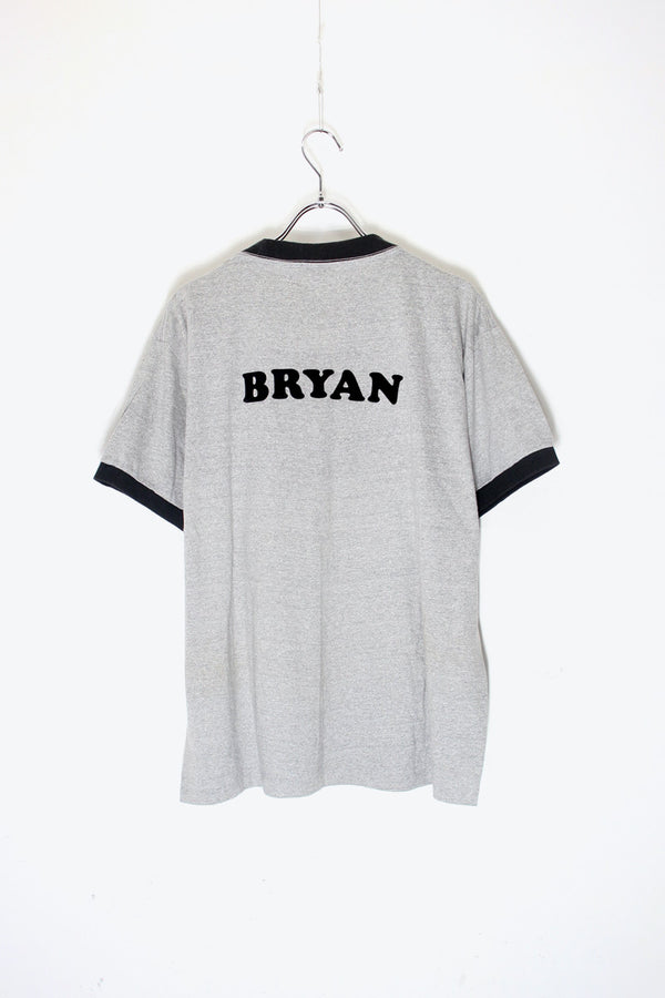 MADE IN USA 80'S S/S BIG RED PRINT RINGER T-SHIRT / GREY / BLACK [SIZE: L USED]