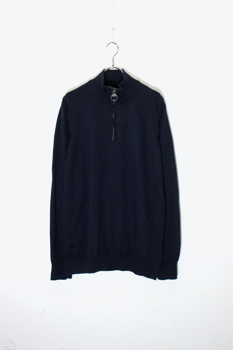 MADE IN TURKEY HALF-ZIP COTTON KNIT SWEATER / NAVY［ SIZE: L USED ]