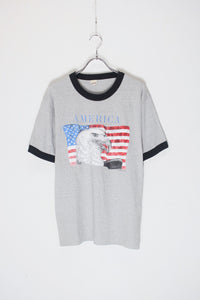 MADE IN USA 84'S S/S AMERICA FLAG EAGLE PRINT RINGER T-SHIRT / GREY / BLACK [SIZE: L USED]