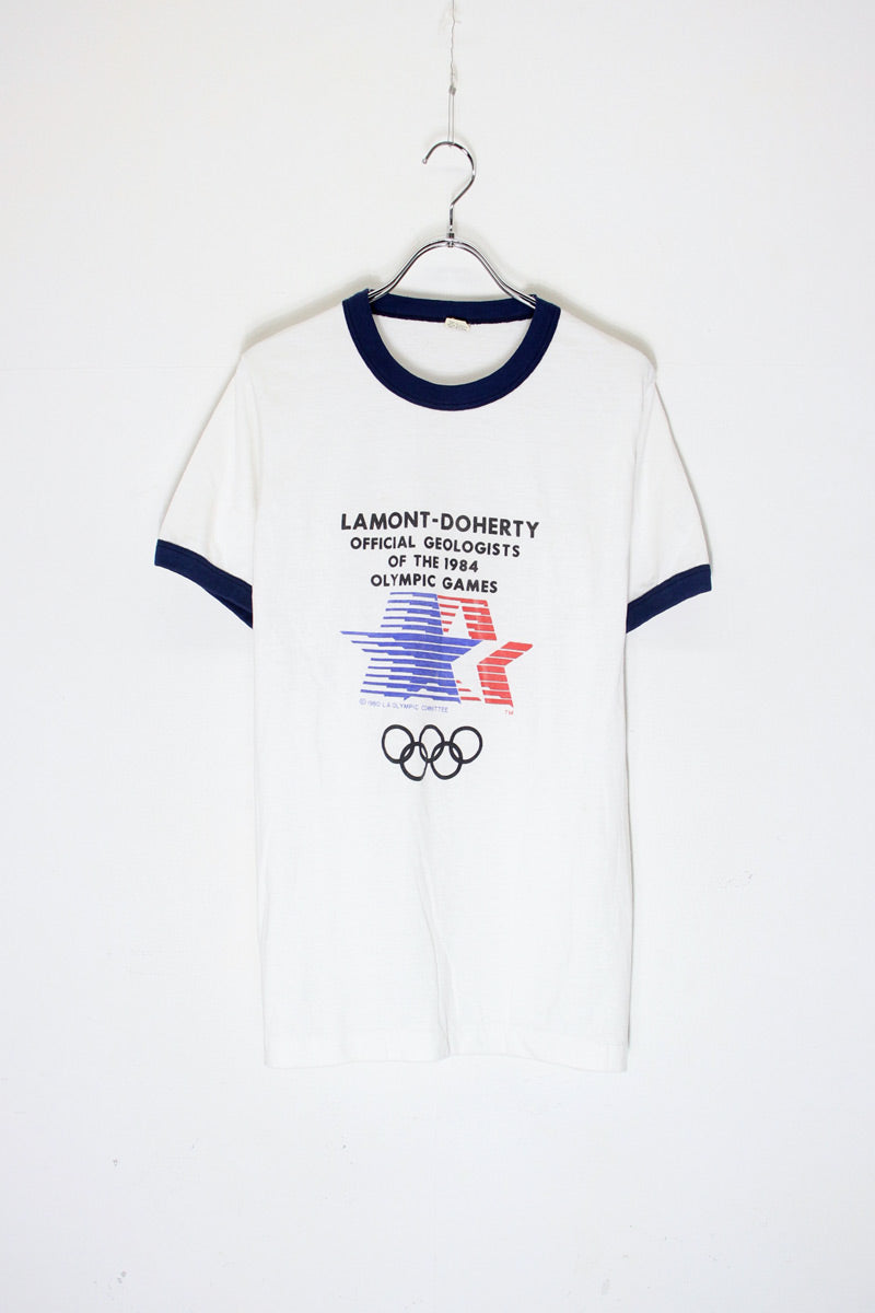 MADE IN USA 80'S S/S LAMONT-DOHERTY PRINT ADVERTISING RINGER T-SHIRT / WHITE / NAVY [SIZE: L USED]