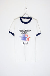 MADE IN USA 80'S S/S LAMONT-DOHERTY PRINT ADVERTISING RINGER T-SHIRT / WHITE / NAVY [SIZE: L USED]