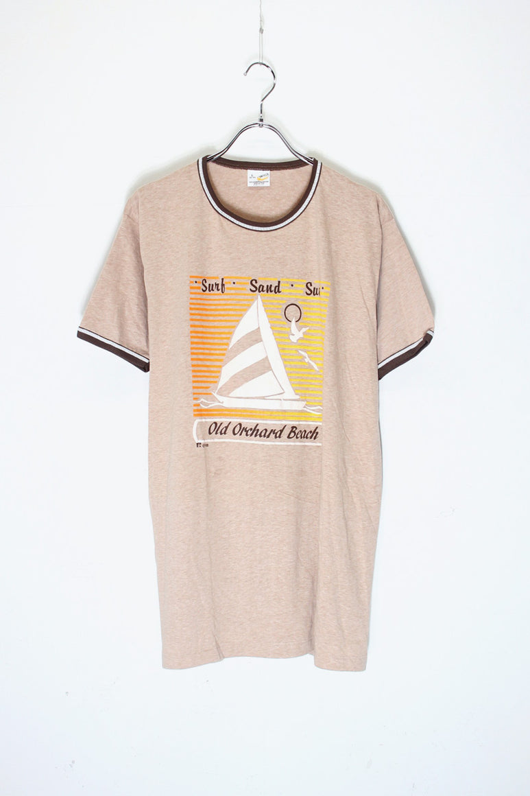 MADE IN USA 88'S S/S OLD ORCHARD BEACH FARM PRINT RINGER T-SHIRT / BROWN [SIZE: L DEADSTOCK/NOS]