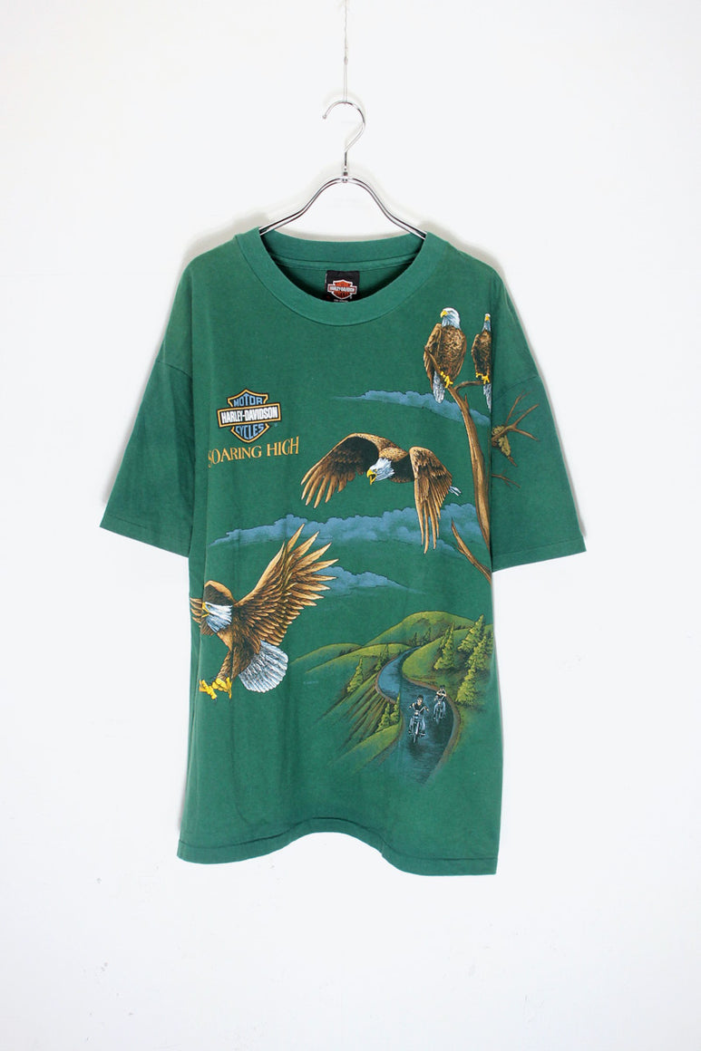 MADE IN USA 90'S S/S SOARING HIGH EAGLE PRINT MOTOR CYCLE T-SHIRT / GREEN [SIZE: XL USED]