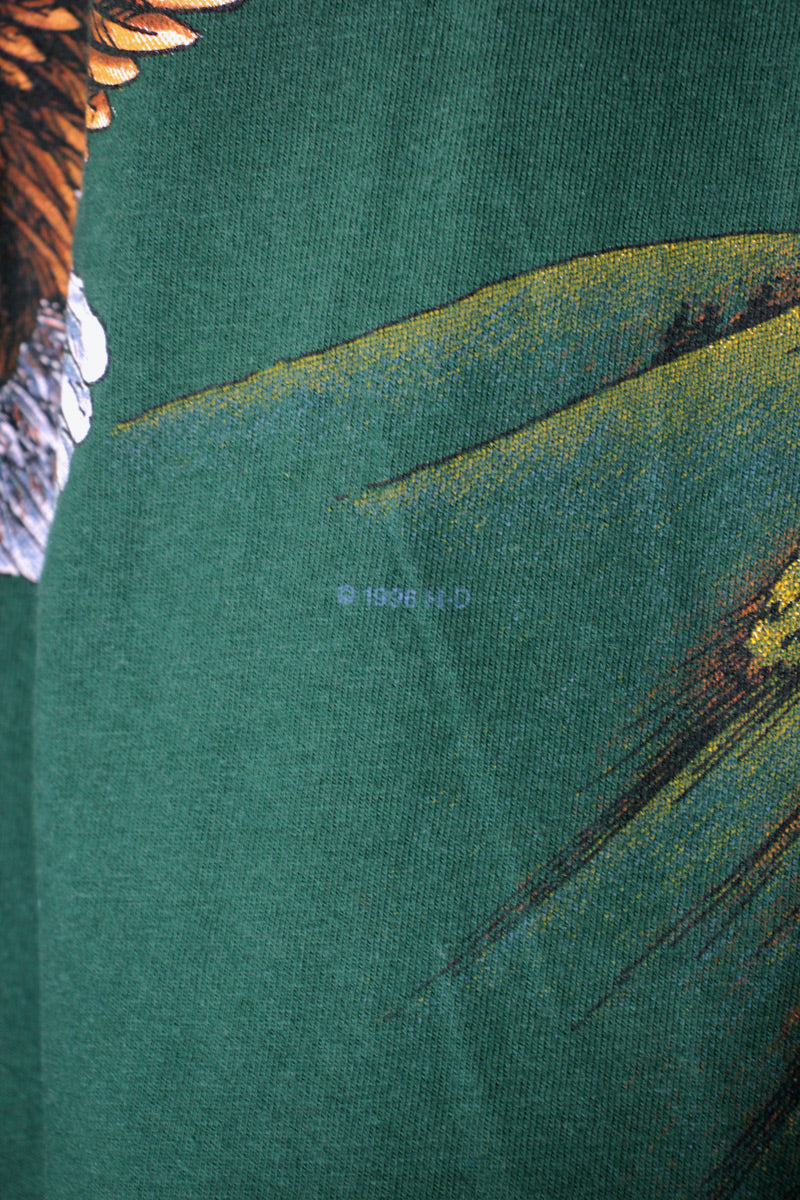 MADE IN USA 90'S S/S SOARING HIGH EAGLE PRINT MOTOR CYCLE T-SHIRT / GREEN [SIZE: XL USED]