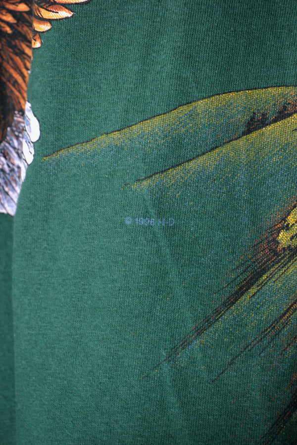 MADE IN USA 90'S S/S SOARING HIGH EAGLE PRINT MOTOR CYCLE T-SHIRT / GREEN [SIZE: XL USED]