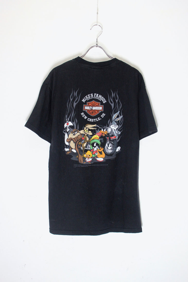 11'S S/S LOONY TUNES BACK PRINT MOTOR CYCLE T-SHIRT / BLACK [SIZE: L USED]