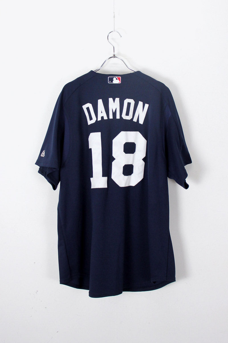 MADE IN USA 90'S NY YANKEES 18 JOHNNY DAMON BASEBALL SHIRT / NAVY [SIZE: L USED]