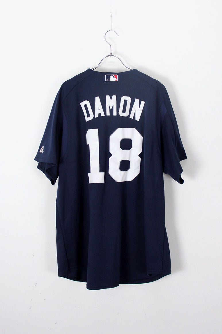 MADE IN USA 90'S NY YANKEES 18 JOHNNY DAMON BASEBALL SHIRT / NAVY [SIZE: L USED]