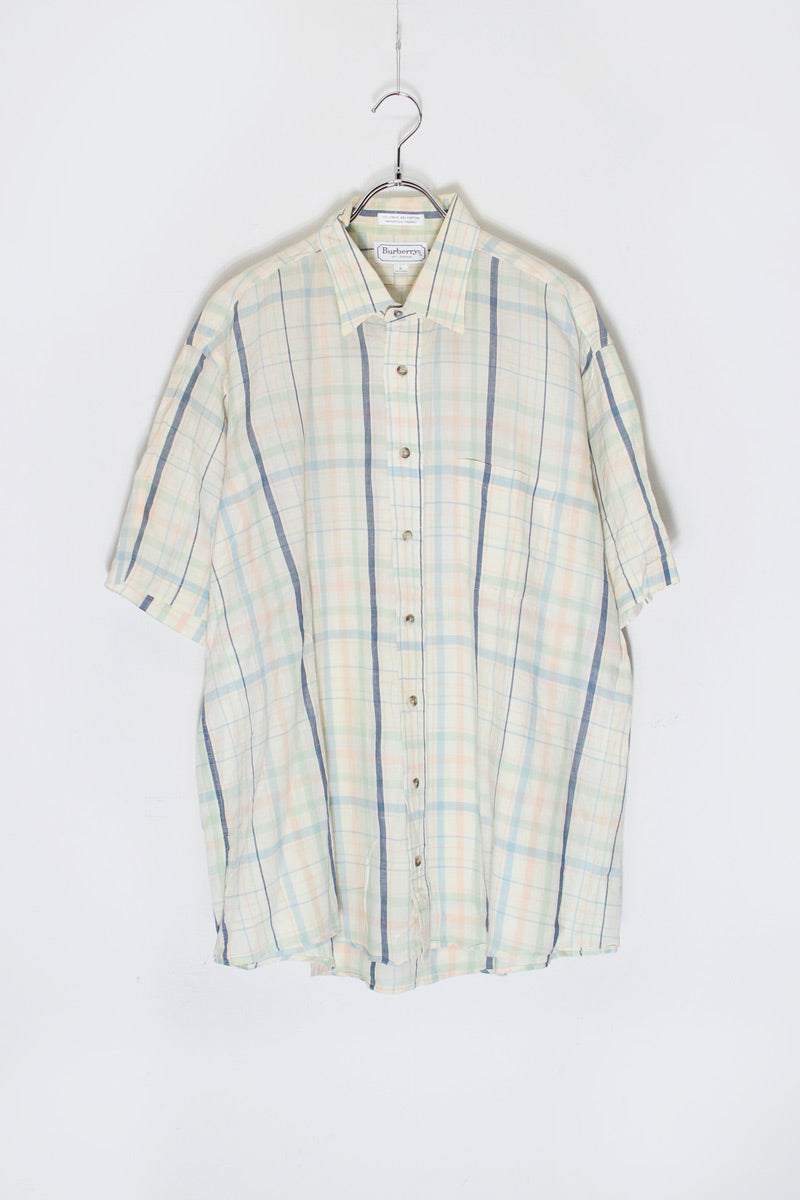 MADE IN USA 90'S S/S  COTTON LINEN CHECK SHIRT / ECRU/NAVY [SIZE: XL USED]
