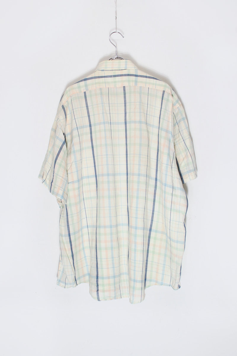 MADE IN USA 90'S S/S COTTON LINEN CHECK SHIRT / ECRU/NAVY [SIZE: XL USED]