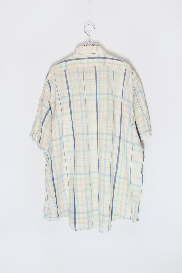 MADE IN USA 90'S S/S COTTON LINEN CHECK SHIRT / ECRU/NAVY [SIZE: XL USED]
