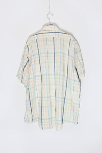 MADE IN USA 90'S S/S  COTTON LINEN CHECK SHIRT / ECRU/NAVY [SIZE: XL USED]