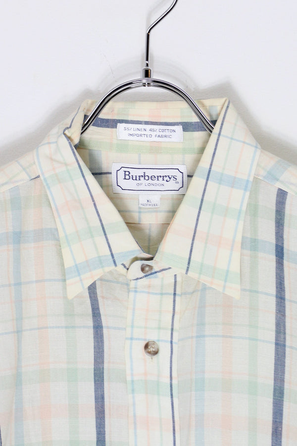 MADE IN USA 90'S S/S COTTON LINEN CHECK SHIRT / ECRU/NAVY [SIZE: XL USED]