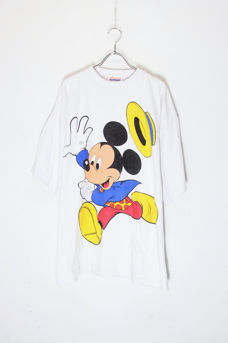 MADE IN PAKISTAN 90'S MICKEY PRINT CHARACTER T-SHIRT / WHITE [SIZE: XL USED]