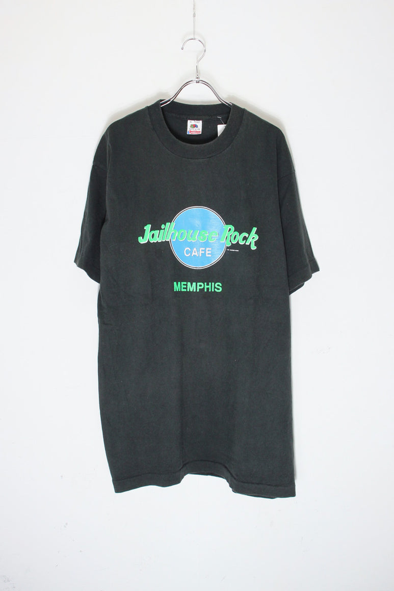 MADE IN USA 90'S S/S JAILHOUSE ROCK CAFÉ MAMPHIS T-SHIRT / BLACK/LIGHT GREEN [SIZE: XL USED]