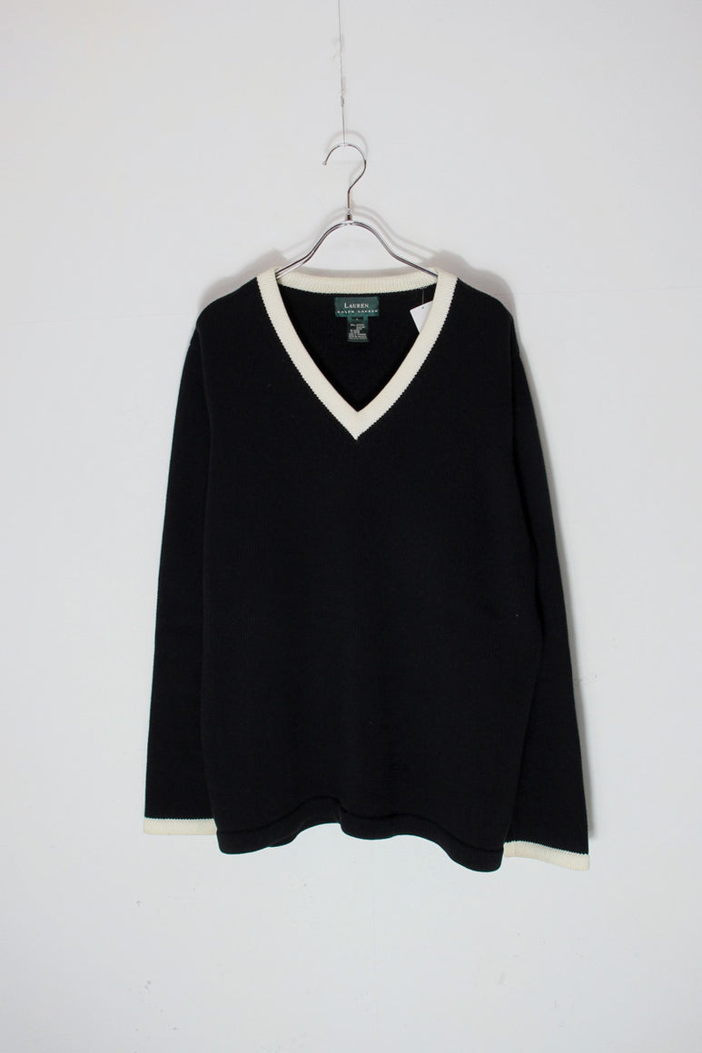 90'S V-NECK COTTON KNIT SWEATER / BLACK/WHITE [SIZE:  L USED]
