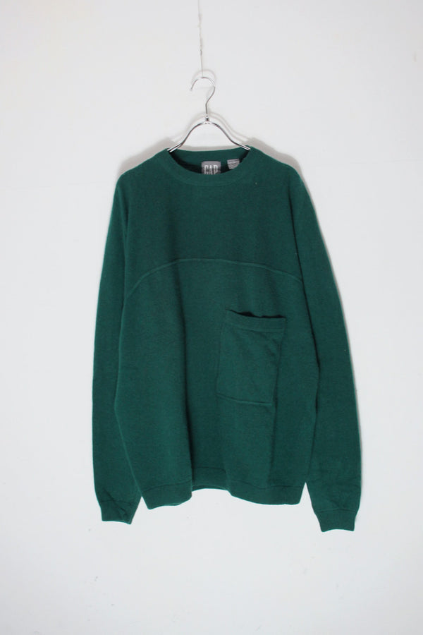 90'S LINE POCKET DESIGN LAMBS WOOL KNIT SWEATER / GREEN [SIZE: L DEADSTOCK/NOS]
