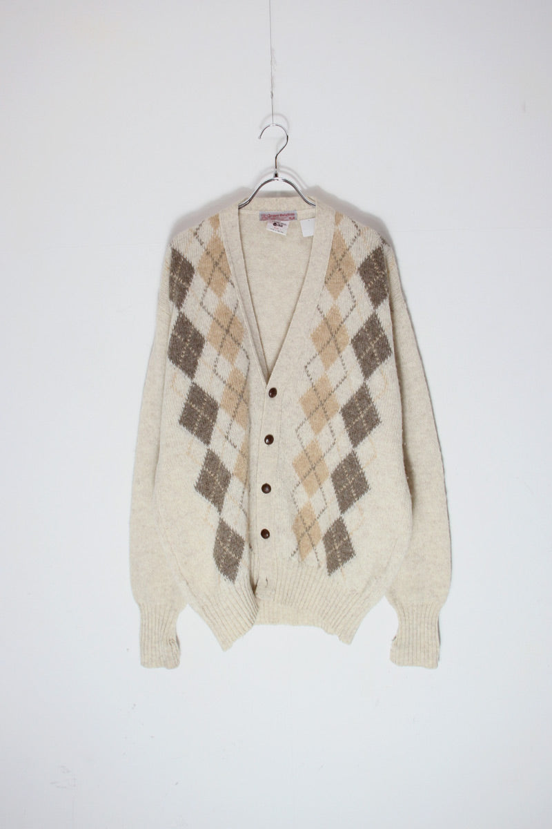 MADE IN IRELAND 90'S PURE WOOL ARGYLE PATTERN KNIT CARDIGAN / OATMEAL MULTI [SIZE: L USED]