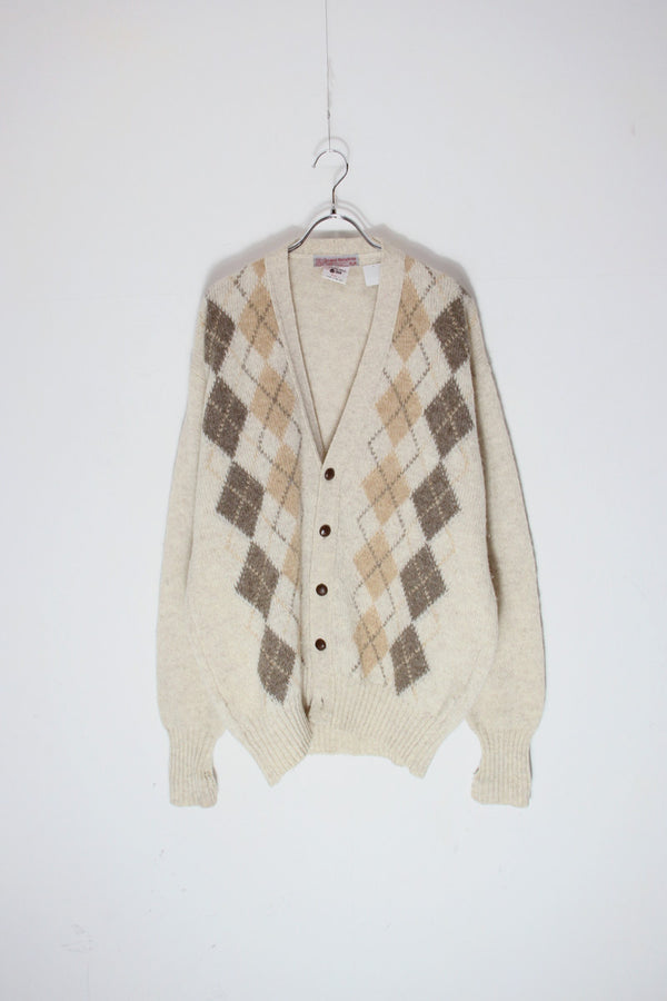 MADE IN IRELAND 90'S PURE WOOL ARGYLE PATTERN KNIT CARDIGAN / OATMEAL MULTI [SIZE: L USED]