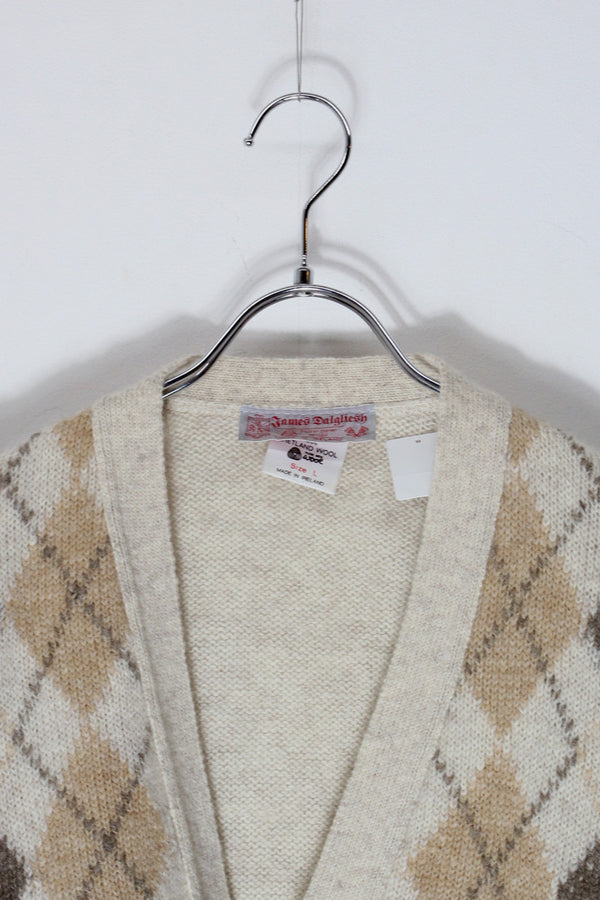 MADE IN IRELAND 90'S PURE WOOL ARGYLE PATTERN KNIT CARDIGAN / OATMEAL MULTI [SIZE: L USED]