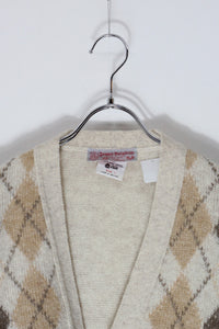 MADE IN IRELAND 90'S PURE WOOL ARGYLE PATTERN KNIT CARDIGAN / OATMEAL MULTI [SIZE:  L USED]