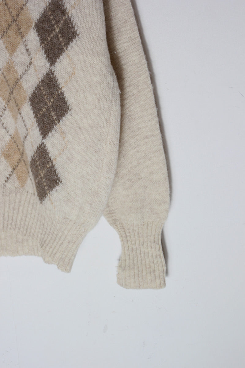 MADE IN IRELAND 90'S PURE WOOL ARGYLE PATTERN KNIT CARDIGAN / OATMEAL MULTI [SIZE: L USED]