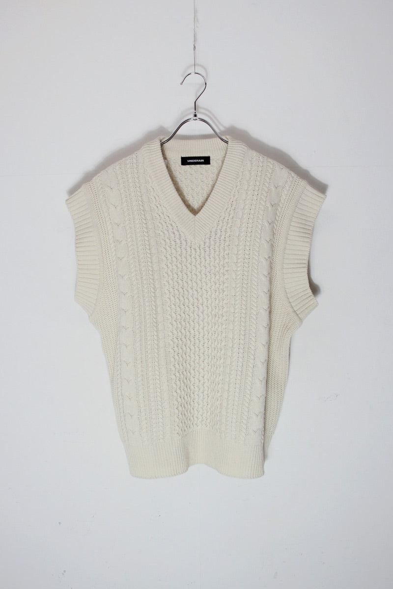 V-NECK LAMBSWOOL ACRYLIC CABLE KNIT VEST / ECRU [SIZE: M Equivalent, USED]