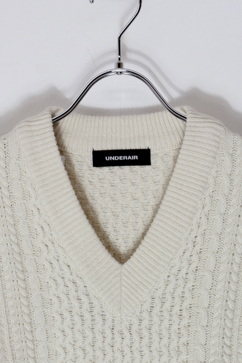 V-NECK LAMBSWOOL ACRYLIC CABLE KNIT VEST / ECRU [SIZE: M Equivalent, USED]