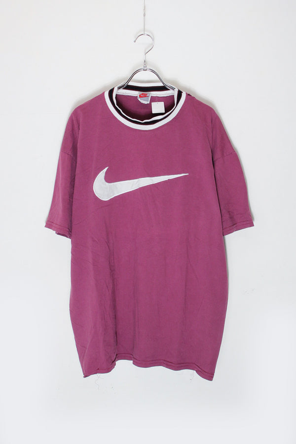 MADE IN USA 90'S S/S LOGO EMBROIDERY RIB T-SHIRT / BURGUNDY [SIZE: M Equivalent USED]