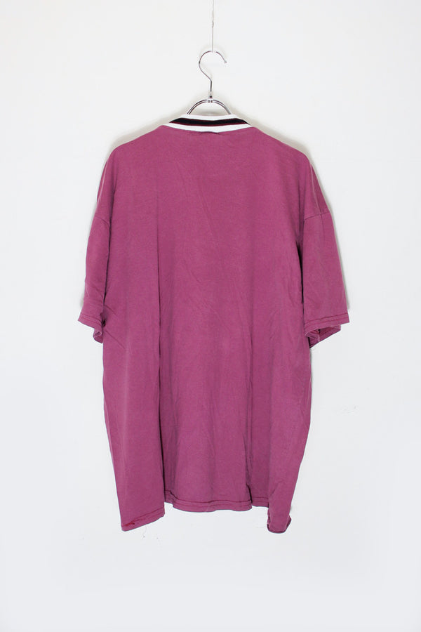 MADE IN USA 90'S S/S LOGO EMBROIDERY RIB T-SHIRT / BURGUNDY [SIZE: M Equivalent USED]