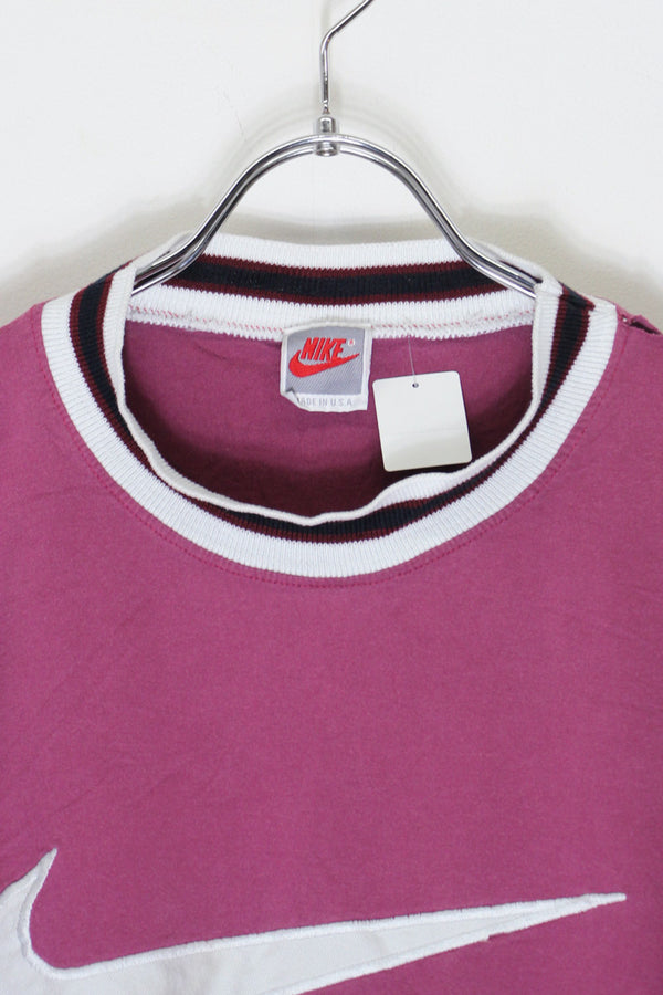 MADE IN USA 90'S S/S LOGO EMBROIDERY RIB T-SHIRT / BURGUNDY [SIZE: M Equivalent USED]