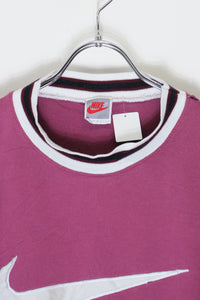 MADE IN USA 90'S S/S LOGO EMBROIDERY RIB T-SHIRT / BURGUNDY [SIZE: M 相当 USED]
