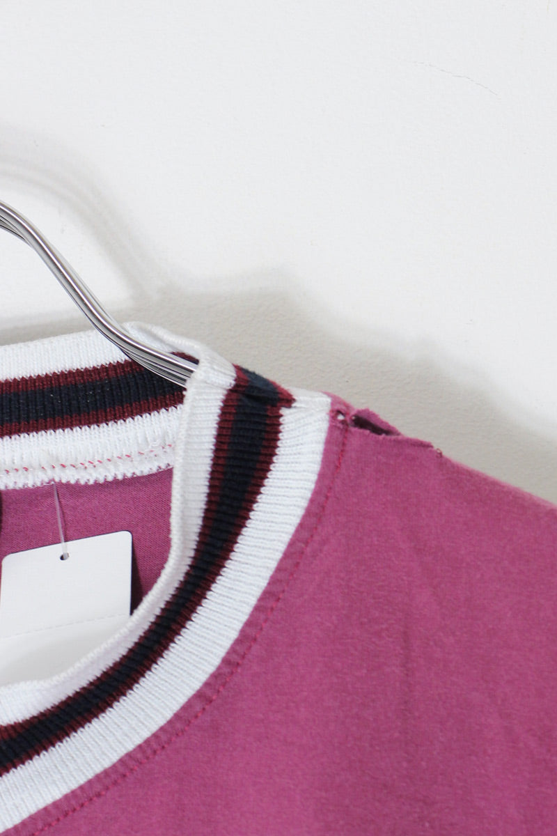 MADE IN USA 90'S S/S LOGO EMBROIDERY RIB T-SHIRT / BURGUNDY [SIZE: M Equivalent USED]