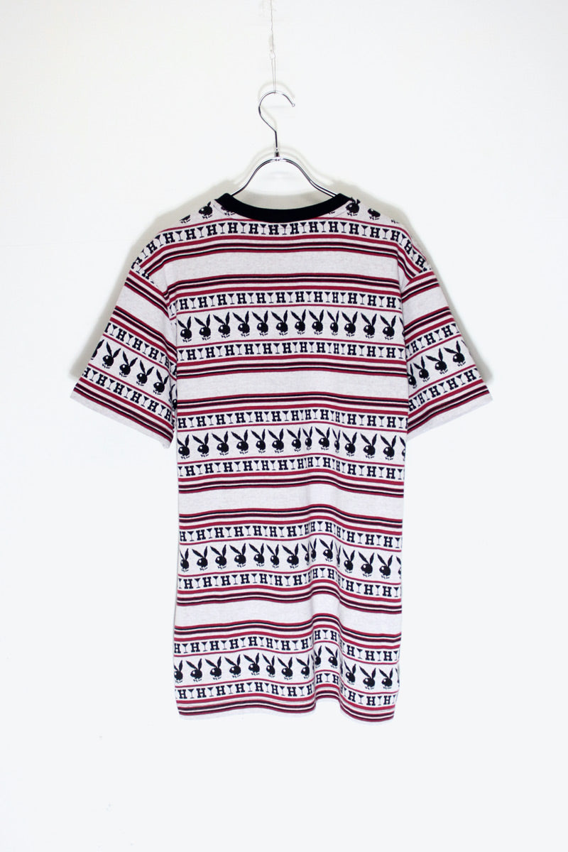 S/S BORDER PATTERN T-SHIRT / GRAY / RED [SIZE: M DEADSTOCK/NOS]
